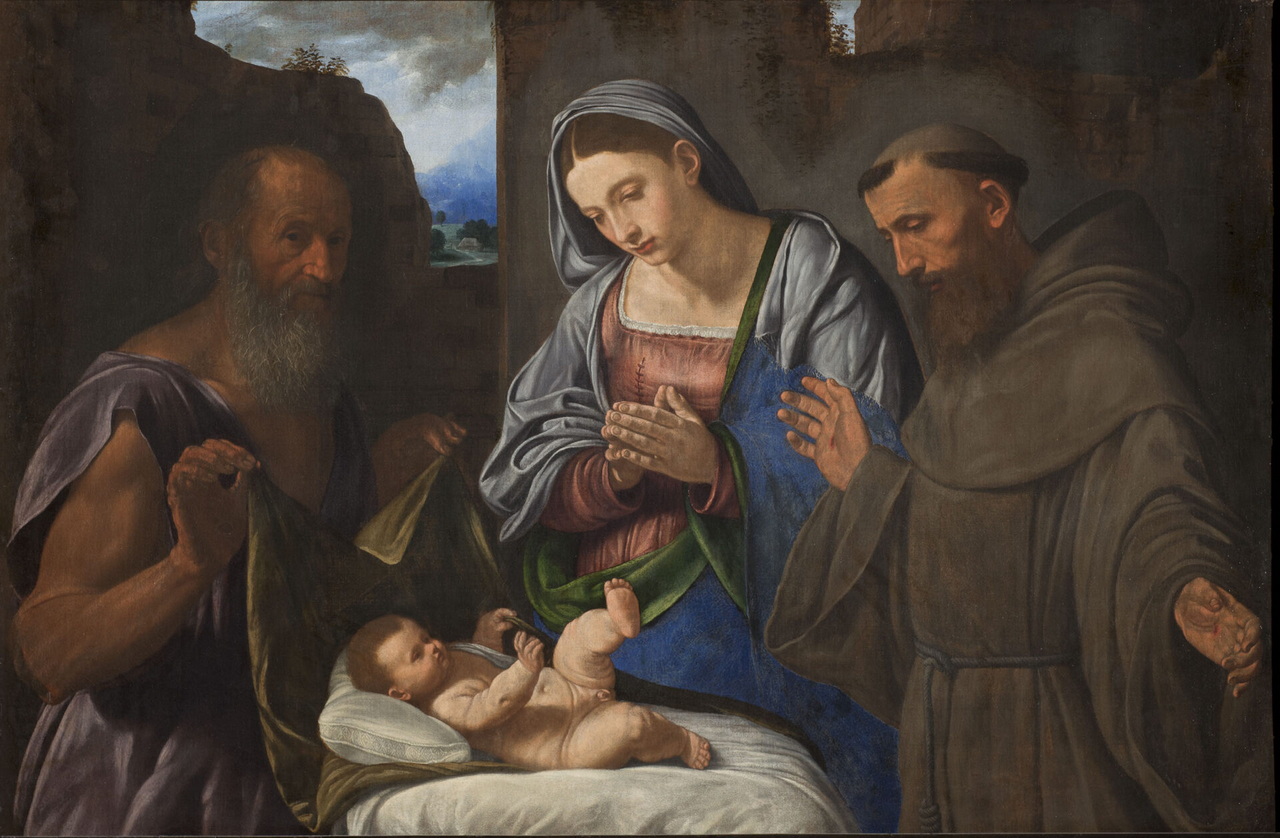 Giovan Girolamo Savoldo (Brescia (?), 1480/1485 circa–Venezia, post 1548), L’Adorazione del Bambino tra san Girolamo e san Francesco d’Assisi, 1525-1530, olio su tavola, Torino, Musei Reali – Galleria Sabauda; ©Musei Reali di Torino